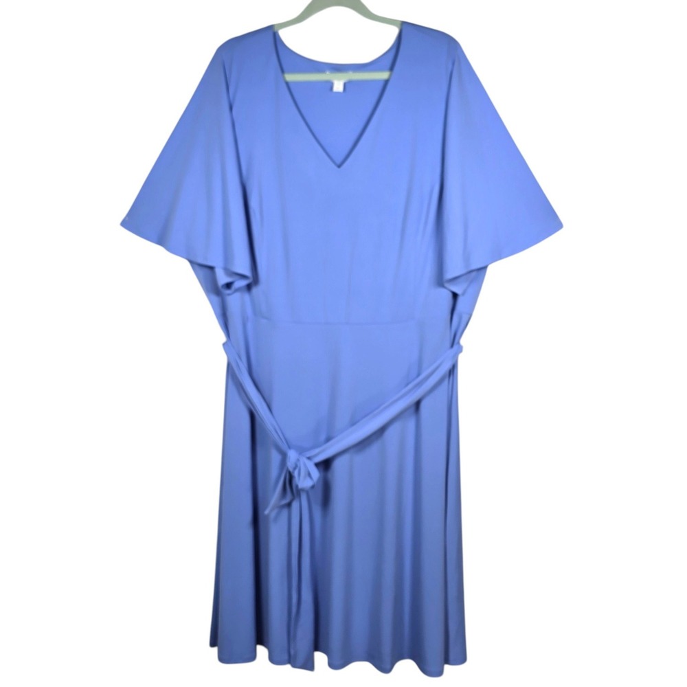 Charter Club Midi‎ Dress Womens 3X Blue Flutter Sleeve V-Neck Belted Plus Size